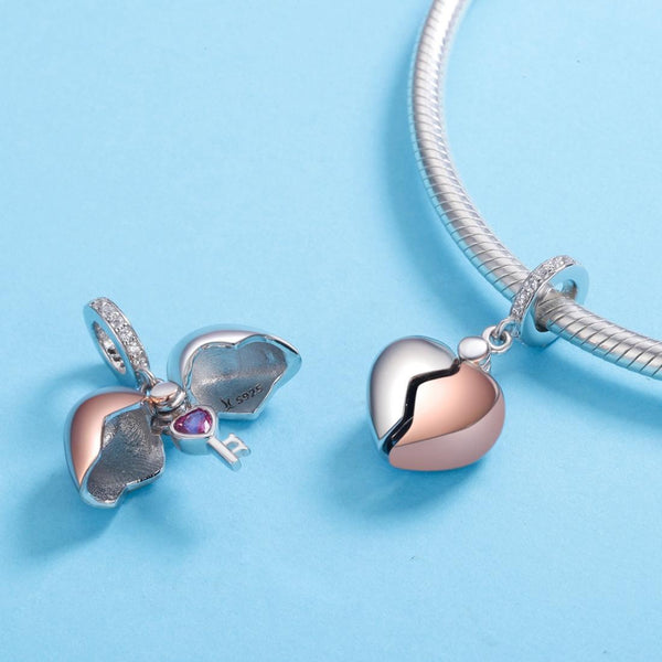 Heart Key Platinum Rose Gold Plated Sterling Silver CZ Bead Charm Bracelet Necklace