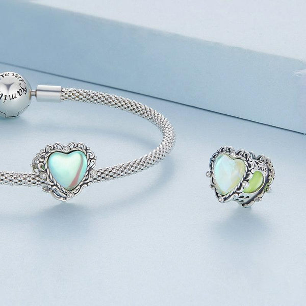 Green Glass Moonstone Heart Sterling Silver Zircon CZ Bead Charm Bracelet Necklace