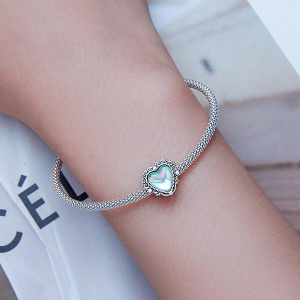 Green Glass Moonstone Heart Sterling Silver Zircon CZ Bead Charm Bracelet Necklace