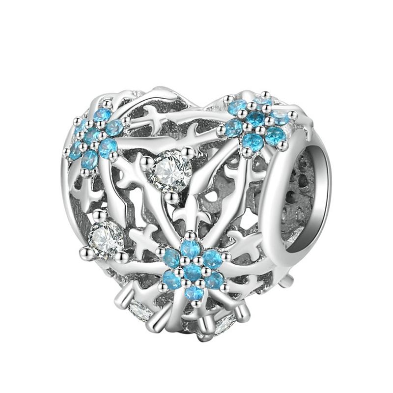 Winter Snowflake Heart Sterling Silver Zircon CZ Bead Charm Bracelet Necklace