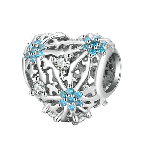 Winter Snowflake Heart Sterling Silver Zircon CZ Bead Charm Bracelet Necklace