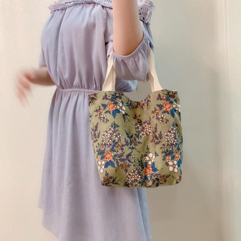 Large Capacity Corduroy Tote Shopper Bag Handbag Floral Design Green