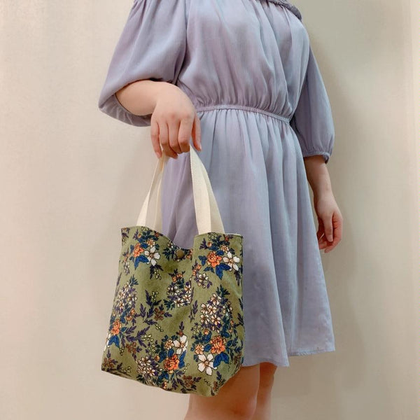 Large Capacity Corduroy Tote Shopper Bag Handbag Floral Design Green