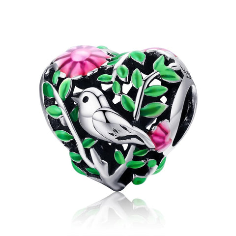 Bird Tree Flowers Enamel Sterling Silver Spacer Bead Charm Pendant Bracelet Necklace
