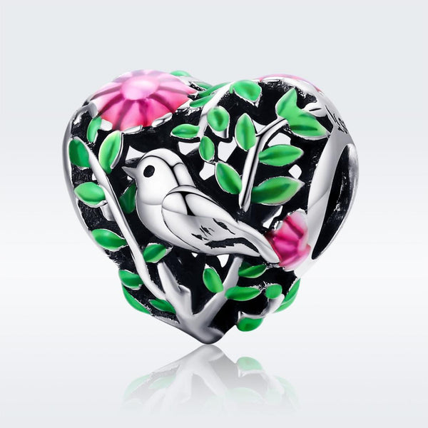 Bird Tree Flowers Enamel Sterling Silver Spacer Bead Charm Pendant Bracelet Necklace