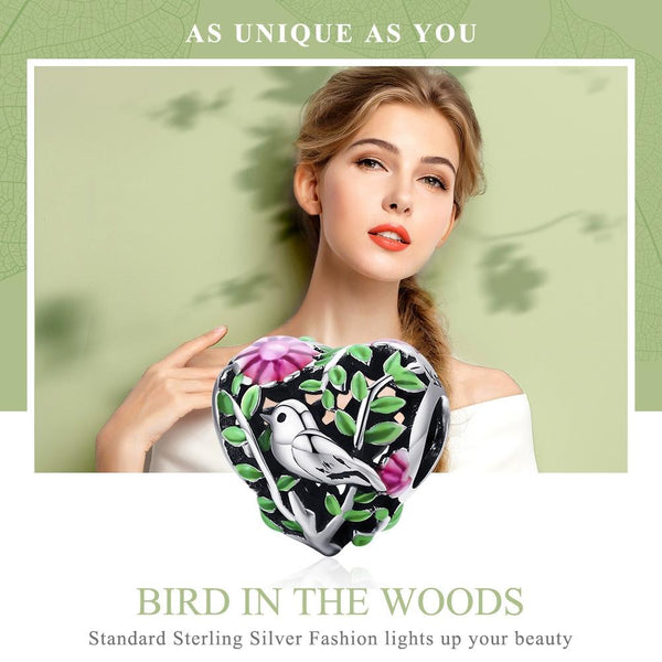 Bird Tree Flowers Enamel Sterling Silver Spacer Bead Charm Pendant Bracelet Necklace