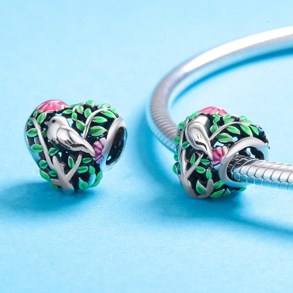 Bird Tree Flowers Enamel Sterling Silver Spacer Bead Charm Pendant Bracelet Necklace