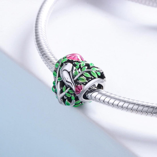 Bird Tree Flowers Enamel Sterling Silver Spacer Bead Charm Pendant Bracelet Necklace