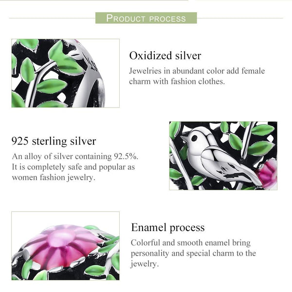 Bird Tree Flowers Enamel Sterling Silver Spacer Bead Charm Pendant Bracelet Necklace