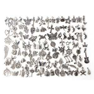 100 Pcs Mixed Antique Silver Bracelet Charms DIY Fashion Jewelry