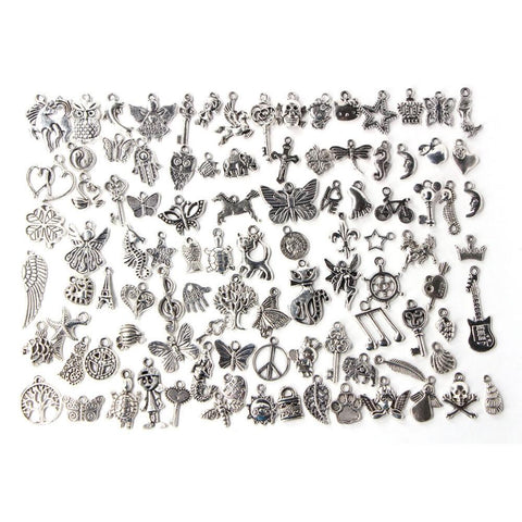 100 Pcs Mixed Antique Silver Bracelet Charms DIY Fashion Jewelry