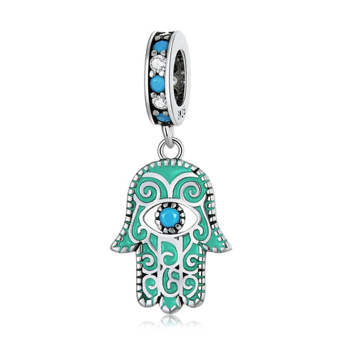 Hamsa Hand Of Fatima Evil Eye Sterling Silver Zircon CZ Bead Charm Bracelet Necklace