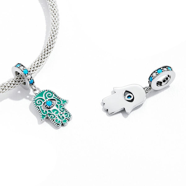 Hamsa Hand Of Fatima Evil Eye Sterling Silver Zircon CZ Bead Charm Bracelet Necklace