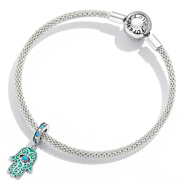 Hamsa Hand Of Fatima Evil Eye Sterling Silver Zircon CZ Bead Charm Bracelet Necklace