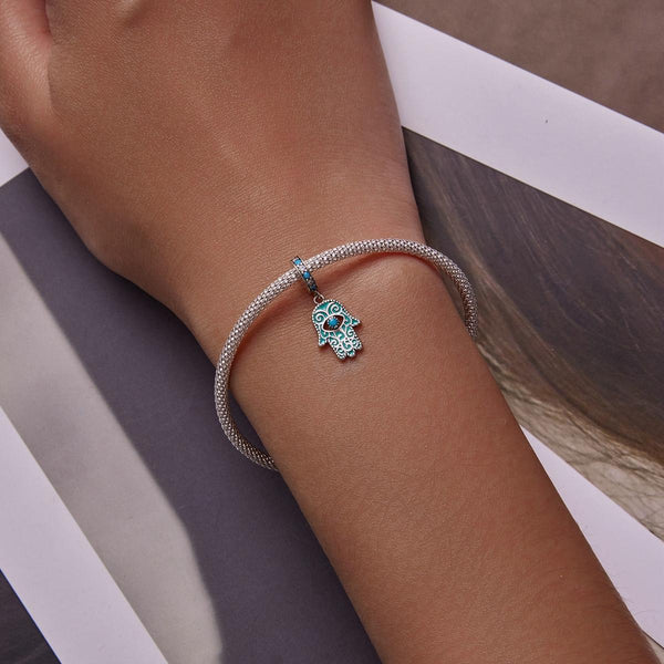 Hamsa Hand Of Fatima Evil Eye Sterling Silver Zircon CZ Bead Charm Bracelet Necklace