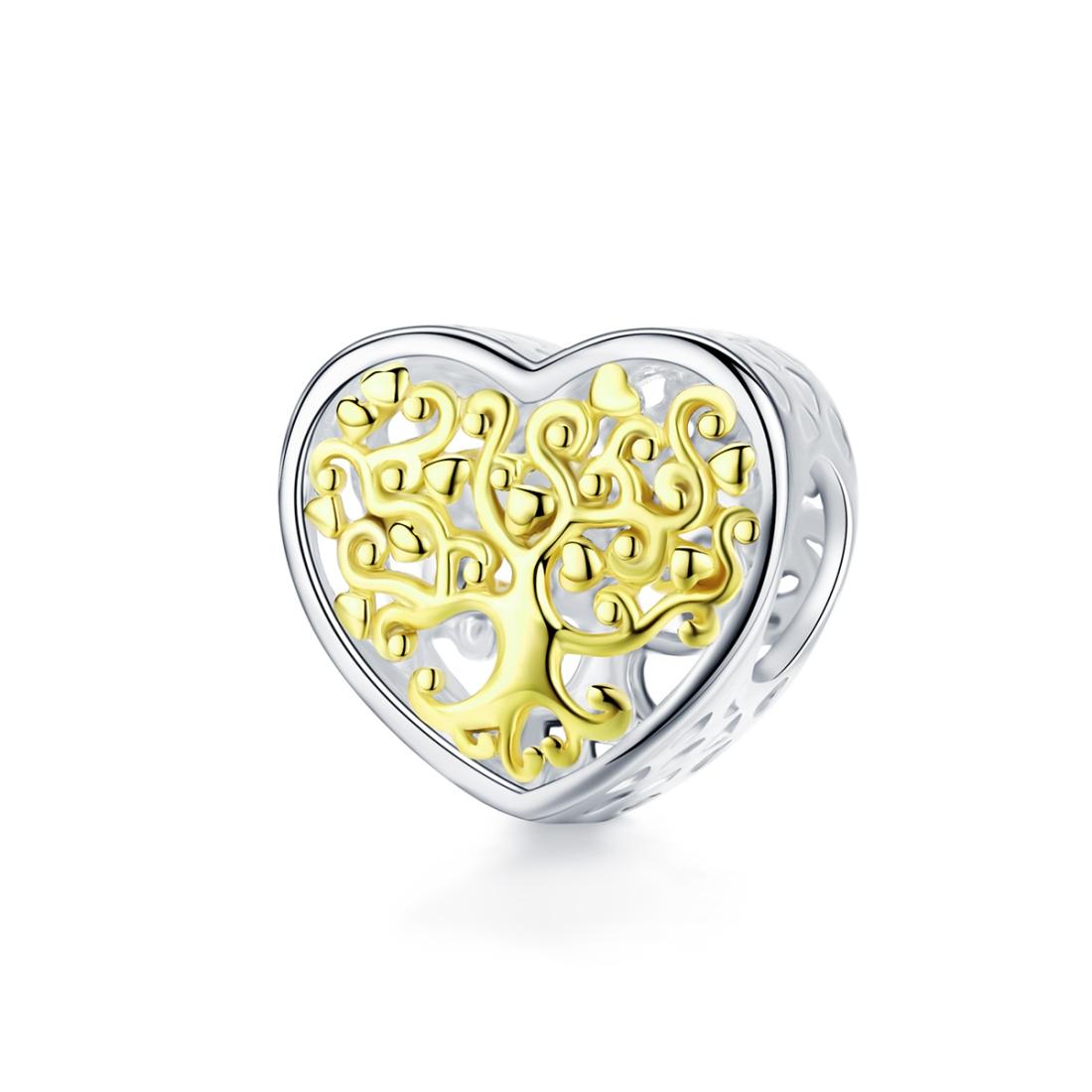 Golden Tree Of Life Heart Sterling Silver Bead Charm Pendant Bracelet Necklace