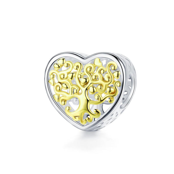 Golden Tree Of Life Heart Sterling Silver Bead Charm Pendant Bracelet Necklace