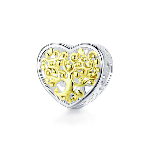 Golden Tree Of Life Heart Sterling Silver Bead Charm Pendant Bracelet Necklace