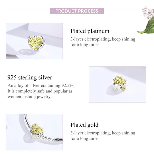 Golden Tree Of Life Heart Sterling Silver Bead Charm Pendant Bracelet Necklace