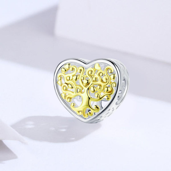 Golden Tree Of Life Heart Sterling Silver Bead Charm Pendant Bracelet Necklace