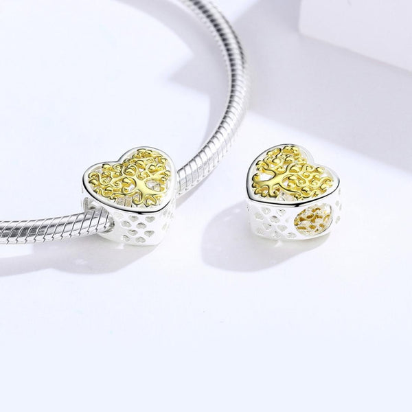 Golden Tree Of Life Heart Sterling Silver Bead Charm Pendant Bracelet Necklace