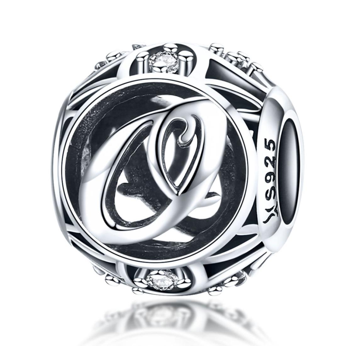 O Initial Letter Sterling Silver Zircon CZ Bead Charm Bracelet Necklace
