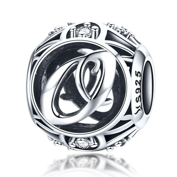 O Initial Letter Sterling Silver Zircon CZ Bead Charm Bracelet Necklace