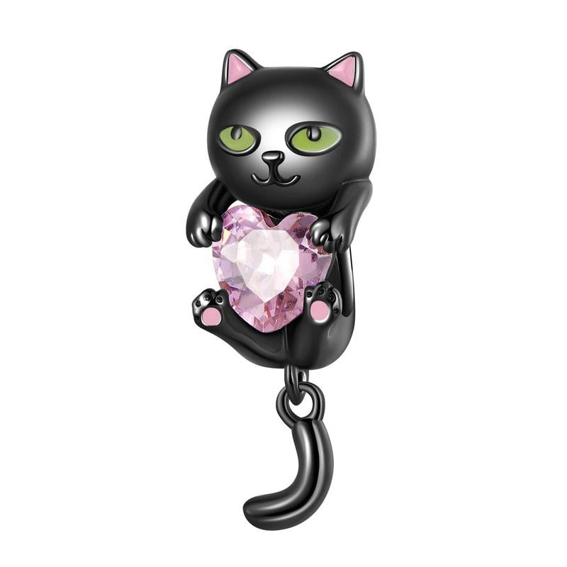 Black Cat Crystal Heart Sterling Silver Bead Charm Pendant Bracelet Necklace