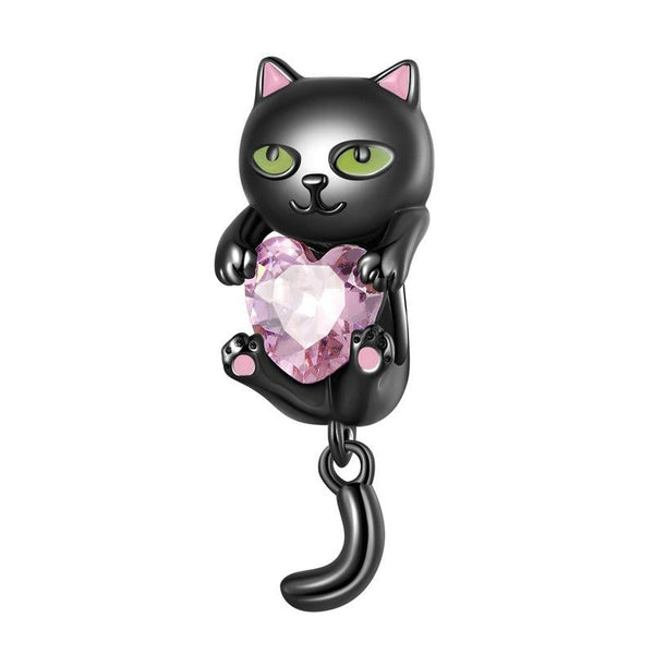Black Cat Crystal Heart Sterling Silver Bead Charm Pendant Bracelet Necklace