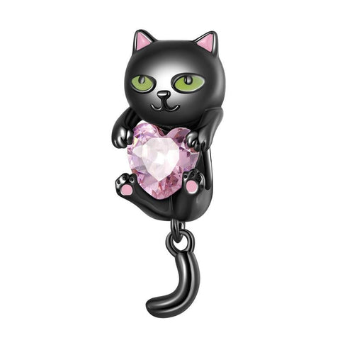 Black Cat Crystal Heart Sterling Silver Bead Charm Pendant Bracelet Necklace