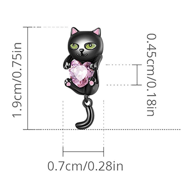 Black Cat Crystal Heart Sterling Silver Bead Charm Pendant Bracelet Necklace