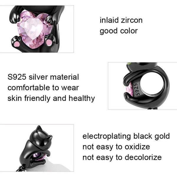 Black Cat Crystal Heart Sterling Silver Bead Charm Pendant Bracelet Necklace