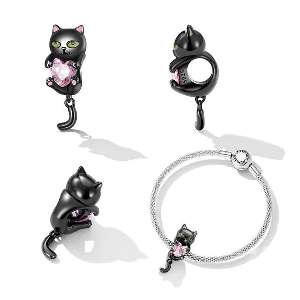 Black Cat Crystal Heart Sterling Silver Bead Charm Pendant Bracelet Necklace