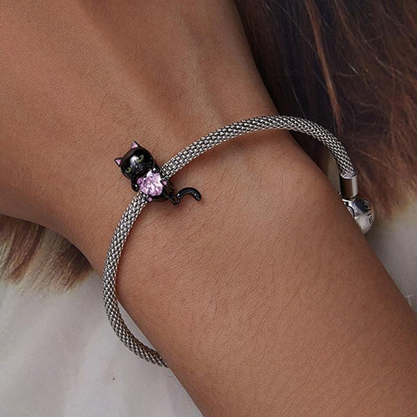 Black Cat Crystal Heart Sterling Silver Bead Charm Pendant Bracelet Necklace