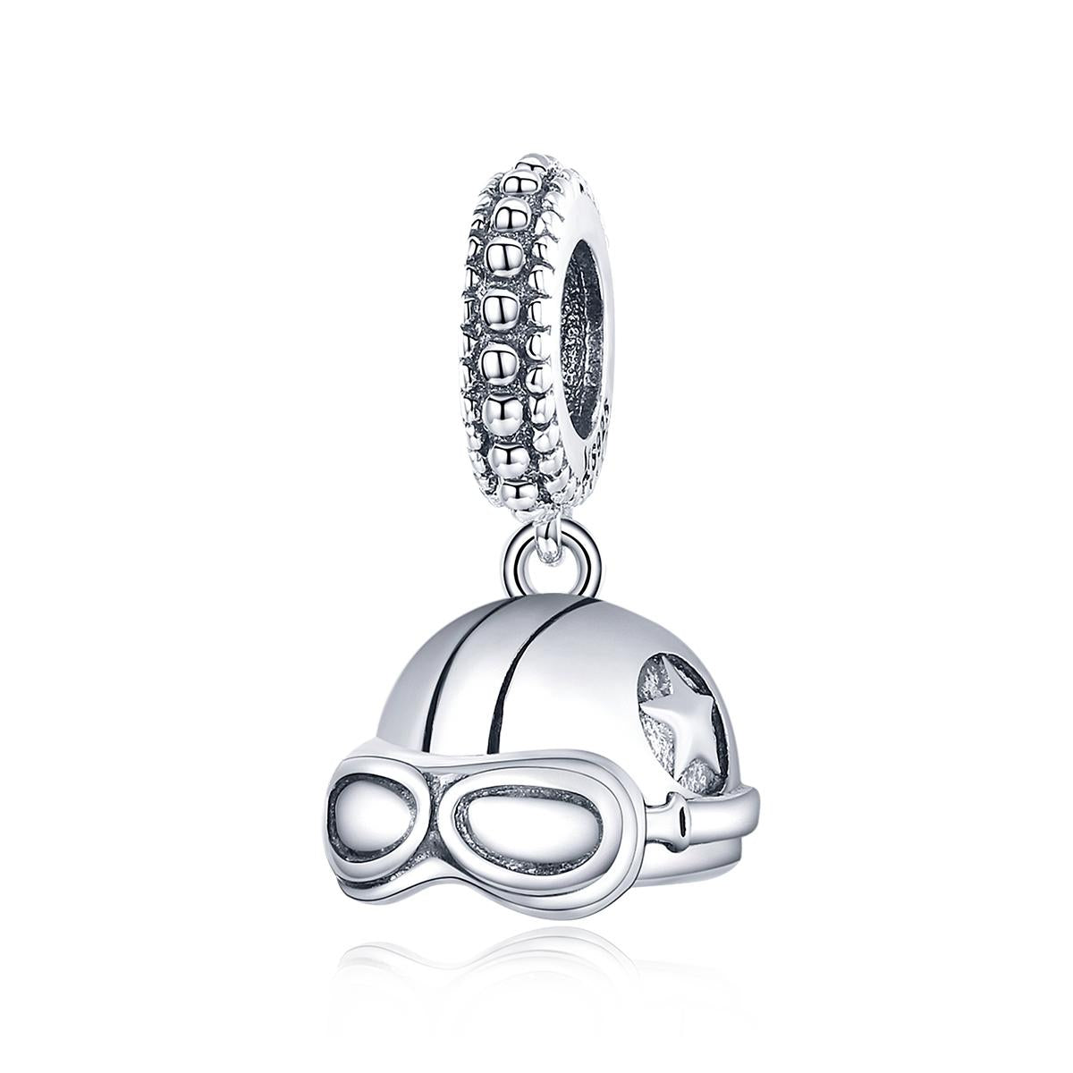 Retro Ski Motorcycle Helmet Goggles Sterling Silver Bead Charm Bracelet Necklace