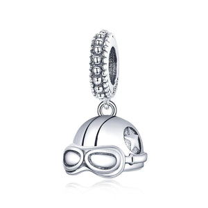 Retro Ski Motorcycle Helmet Goggles Sterling Silver Bead Charm Bracelet Necklace