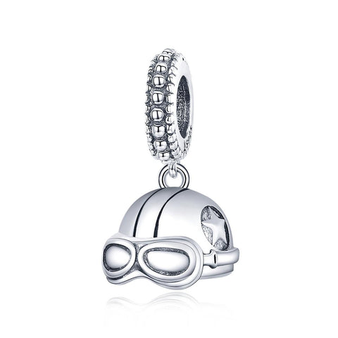 Retro Ski Motorcycle Helmet Goggles Sterling Silver Bead Charm Bracelet Necklace