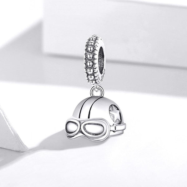 Retro Ski Motorcycle Helmet Goggles Sterling Silver Bead Charm Bracelet Necklace