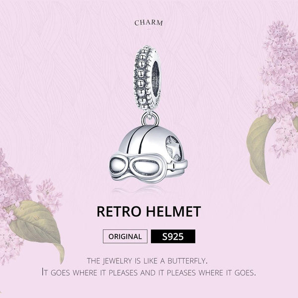 Retro Ski Motorcycle Helmet Goggles Sterling Silver Bead Charm Bracelet Necklace