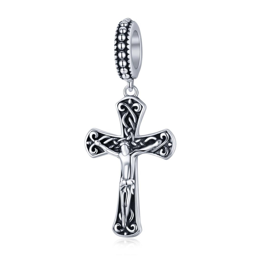 Jesus On Cross Silver Bead Charm Bracelet Necklace