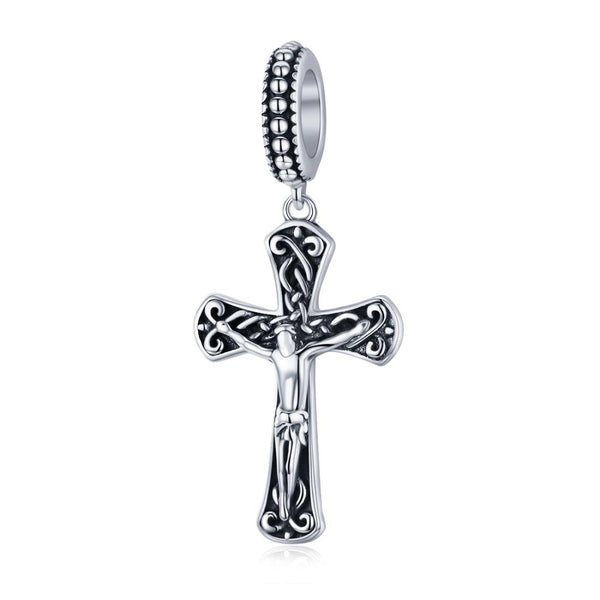 Jesus On Cross Silver Bead Charm Bracelet Necklace