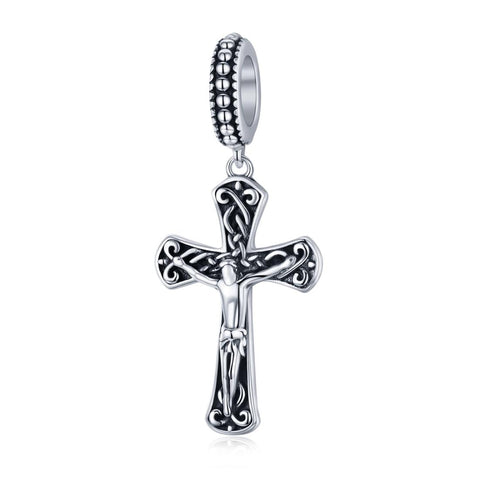 Jesus On Cross Silver Bead Charm Bracelet Necklace