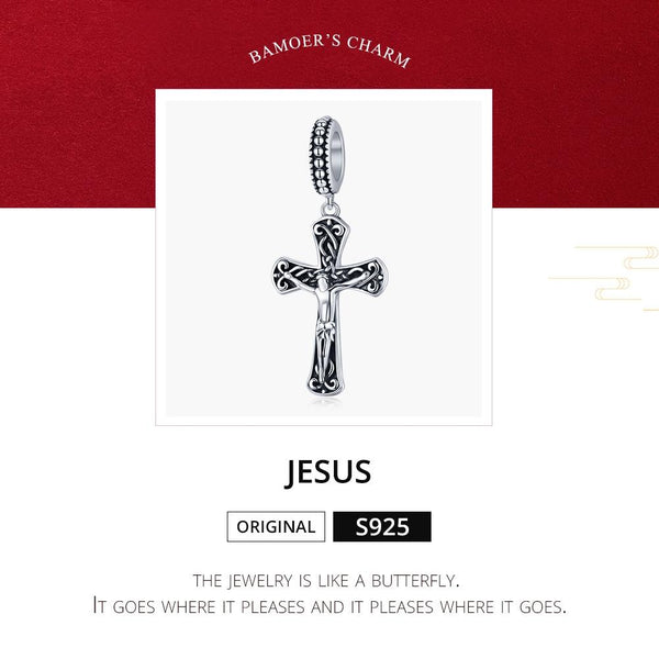 Jesus On Cross Silver Bead Charm Bracelet Necklace