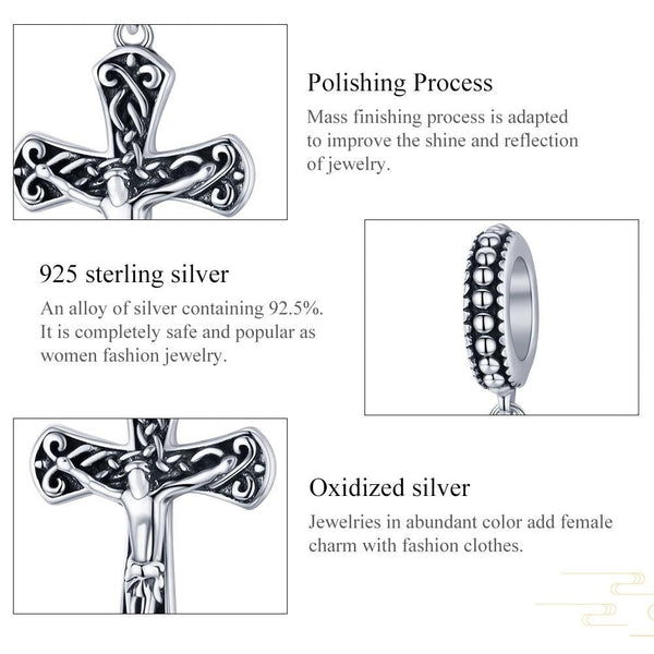 Jesus On Cross Silver Bead Charm Bracelet Necklace