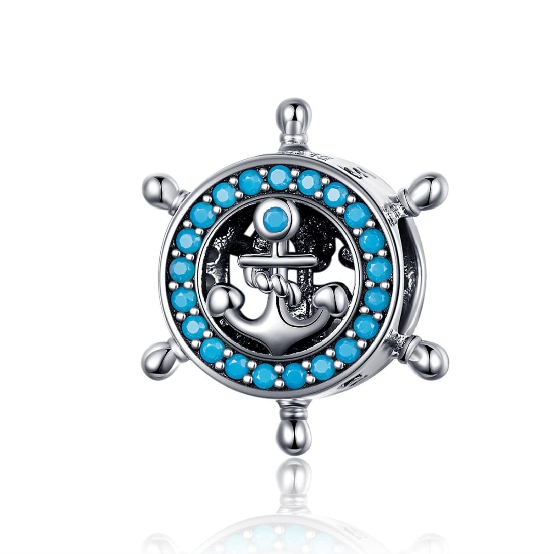 Blue Ships Wheel Anchor Sterling Silver Zircon CZ Bead Charm Bracelet Necklace