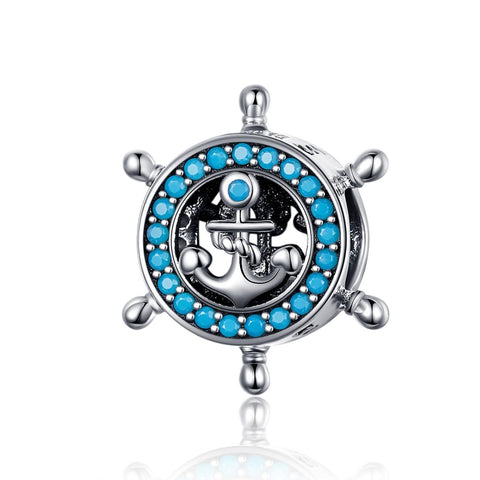 Blue Ships Wheel Anchor Sterling Silver Zircon CZ Bead Charm Bracelet Necklace