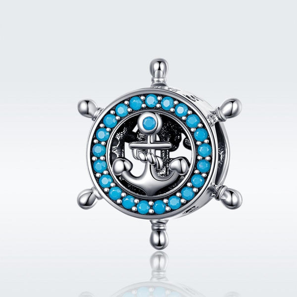 Blue Ships Wheel Anchor Sterling Silver Zircon CZ Bead Charm Bracelet Necklace