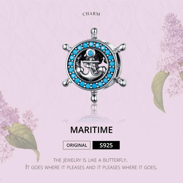 Blue Ships Wheel Anchor Sterling Silver Zircon CZ Bead Charm Bracelet Necklace