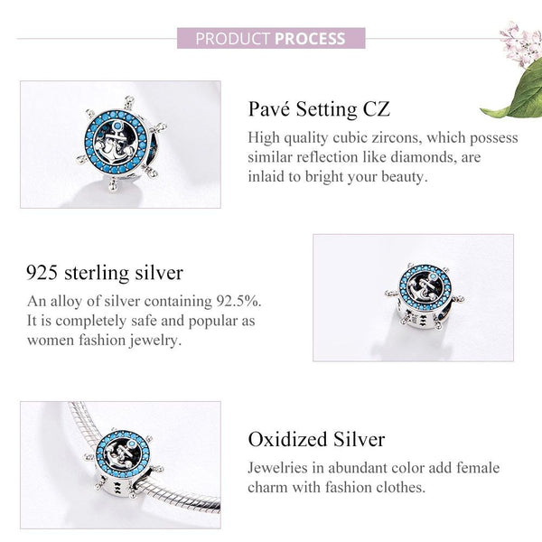 Blue Ships Wheel Anchor Sterling Silver Zircon CZ Bead Charm Bracelet Necklace