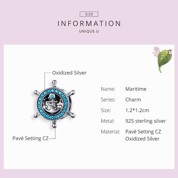 Blue Ships Wheel Anchor Sterling Silver Zircon CZ Bead Charm Bracelet Necklace